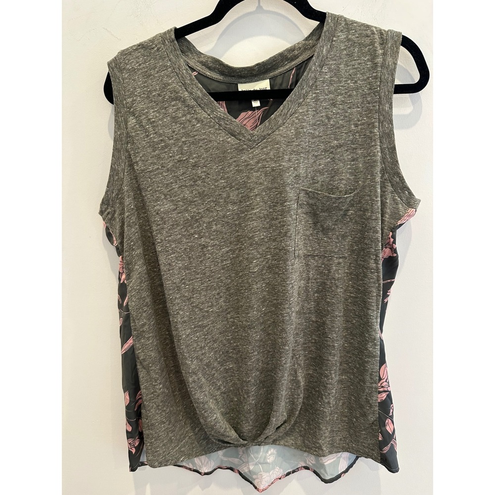 Belle du Jour Womens XL Gray Floral Mixed Media Twist Front V-Neck Tank Top NEW
